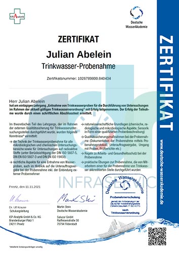 Zertifikat Julian Abelein Trinkwasser-Probenahme