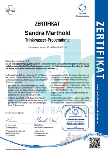 Zertifikat Sandra Marthold Trinkwasser-Probenahme