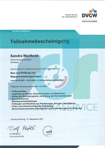 Zertifikat Sandra Marthold Bau und Prüfung von Wasserverteilungsanlagen