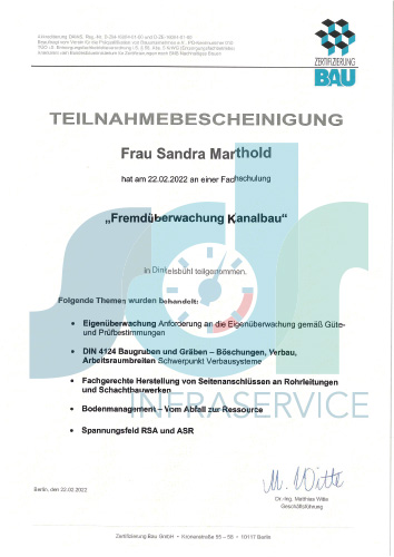 Zertifikat Sandra Marthold Fremdüberwachung Kanalbau
