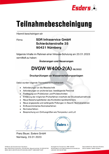 Zertifikat SDR Infraservice DVGW W400-2-A